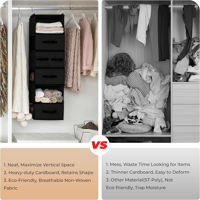 GRANNY SAYS Hanging Closet Organizer, 5 Drawers, 6 Shelves, 6 Pockets | Hanging Closet Organizer with 5 Different Drawer Designs, 6 Shelves & Reinforced Structure for Organized Small Spaces, Black - Image 7
