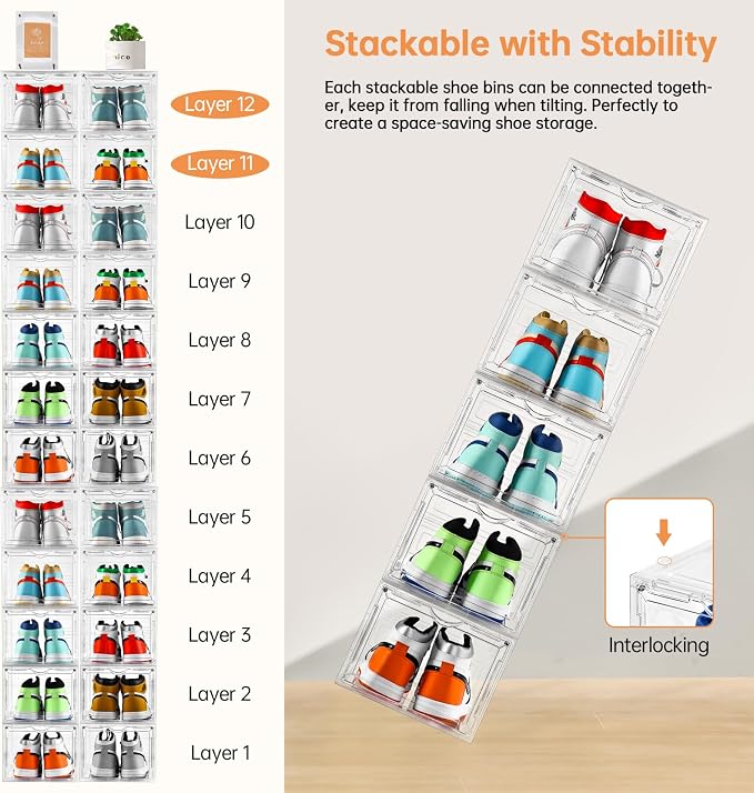 Clemate Upgraded X-Large Shoe Storage Box,8 Pack,Shoe Box Clear Plastic Stackable,Drop Front Shoe Box with Clear Door,Shoe Organizer and Shoe Containers For Sneaker Display,Fit up to US Size12 - Image 7