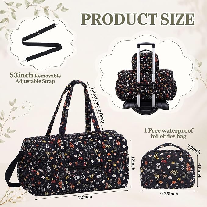 Dansydaisy Quilted Weekender Bag for Women with Makeup Pouch, Black Floral | Large Duffle Bag, Trolley Compartment & Zipper Pocket, Adjustable Carry Strap, for Mommy Dancers Travel Gym Hospital - Image 2