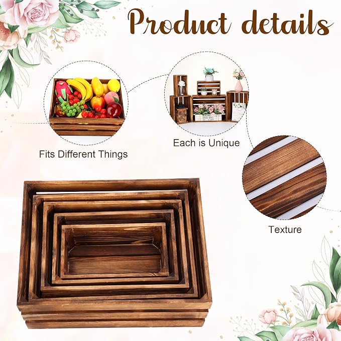 Soaoo 5 Pcs Decorative Nesting Wooden Crates for Storage Display 5 Size Large Small Rustic Wood Decorative Storage Crates with Handle Farmhouse Crate Box Container Made from Pine(Vintage Brown) - Image 4