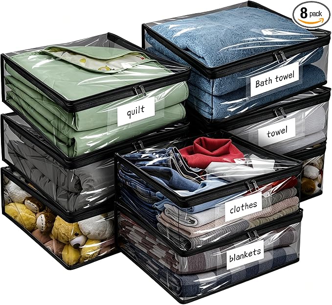 Plastic Storage Bags with Easy-Glide Zipper, Pack of 8, Durable Clear Vinyl Zippered Storage Bags for Clothes Sweaters Comforters Blankets Sheets Bedding (18 x 15 x 4 Inch, Transparent Black) by Kikerike