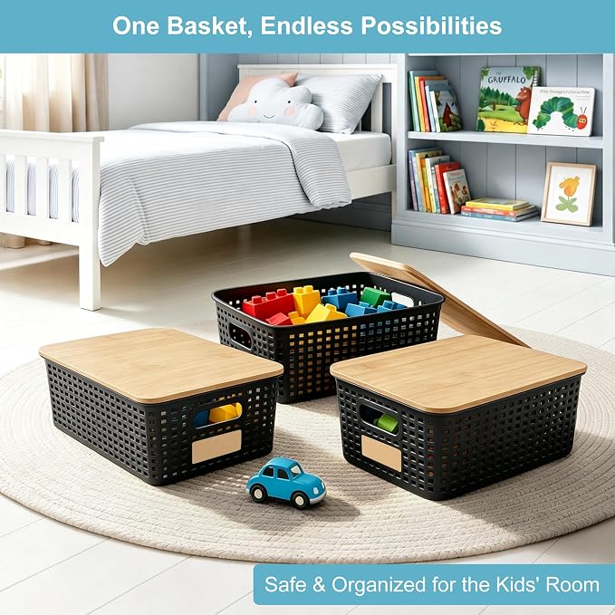 Small Plastic Storage Bins with Bamboo Lids 5.2qt Stackable Box Basket Pantry Decorative Containers Cute with Lable for Organizing Desktop Closet Office Black of 6 packs 10 * 7.2 * 4.1" - Image 4