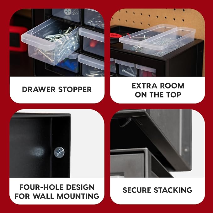 IRIS USA 16-Drawer Small Drawer Organizer, Garage Desk Storage, Black | Wall mountable, Stackable Teacher Toolbox, Beads, Building Bricks, Water Packets, Screws, Hardware - Image 7