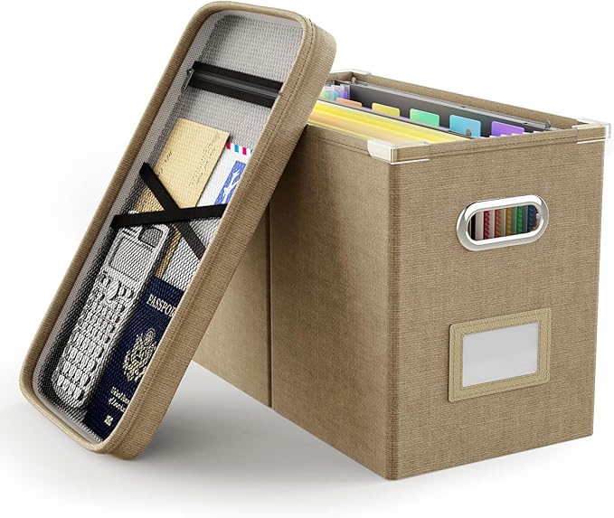 File Organizer Box with Lid, Hanging Filing File Box with Mesh Pocket, Document Organizer Box for Letter Files, Portable Storage Box with Smooth Sliding Rail for Office&Home(1 PCS, Khaki) by Oterri