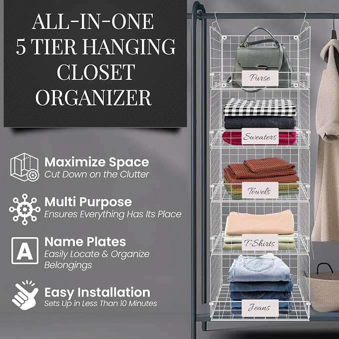 DECOLURE 5-Tier Adjustable Hanging Closet Organizer – Maximize Hanging Storage w/ 4 Hanging Hooks, 8 S Hooks & 5 Name Plates - Sturdy Foldable Wire Storage Hanging Shelves for Clothes, Towels (White) - Image 4