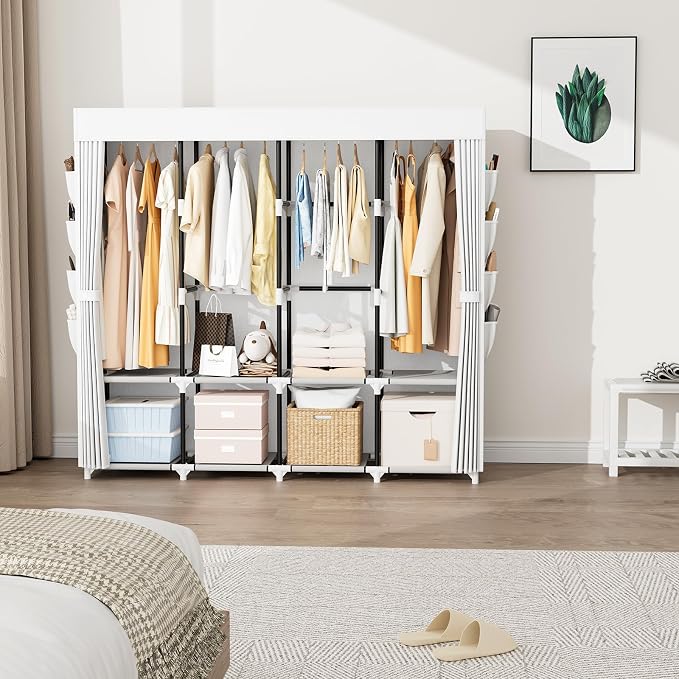 Portable Closet for Hanging Clothes, 67 Inch Wide Portable Wardrobe Closet with Cover, 4 Hanging Rod, Storage Shelves and Side Pockets, Large Free Standing Closet for Bedroom, White - Image 2
