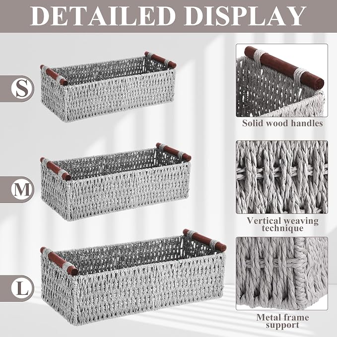 Boao 3 Pcs Boho Storage Wicker Baskets Handmade Woven Decorative Paper Rope Baskets for Organizing with Handle Countertop Toilet Paper Storage Container for Toilet Tank Top(Light Grey,Rectangle) - Image 3