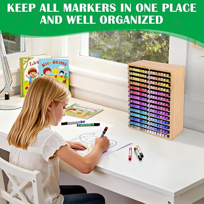 Bamboo Marker Organizer for 224 Markers, Desktop Marker Storage Holder | 28 Compartments, Large Capacity, Space-saving, FSC-certified Bamboo, No Assembly - Image 5