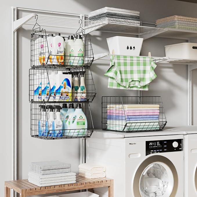 X-cosrack 4 Tier Hanging Closet Organizer Foldable Hanging Storage Basket | Freestanding Closet Organizers and Storage with 5 S Hook, Small Space Solution for Closet Laundry Room Patent-Black (11.8" D) - Image 6