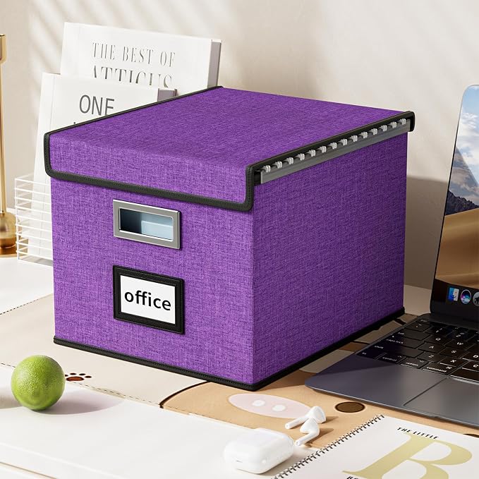 File Organizer Box with Lids, Collapsible File Folder Organizer | File Box with Plastic Slides for Office Document Storage, Filing Bin for Letter Size Hanging File Folders (2 Pack, Purple) - Image 4
