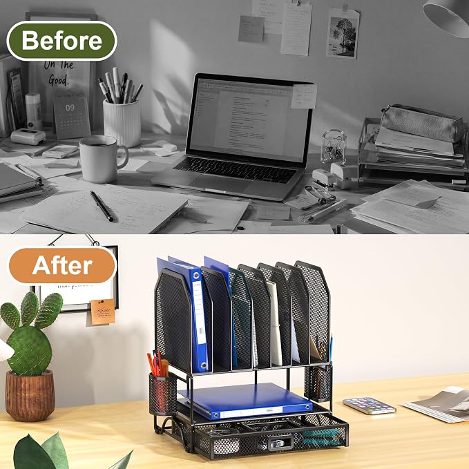 FANXIYQ Metal Desk Organizer with Sliding Drawer, 7-Section File Organizer for Desk, Desktop File Folder & Paper Organizer with 2 Hanging Pen Holders, Office Supplies Organizer, Black - Image 3
