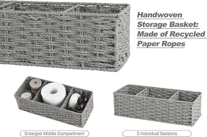 StorageWorks Toilet Paper Basket, Paper Rope Woven Toilet Tank Basket, Gray | Wicker Basket, Toilet Paper Storage for Back of Toilet Tank, Woven Baskets for Shelves, Wicker Baskets with 3 Compartments - Image 2