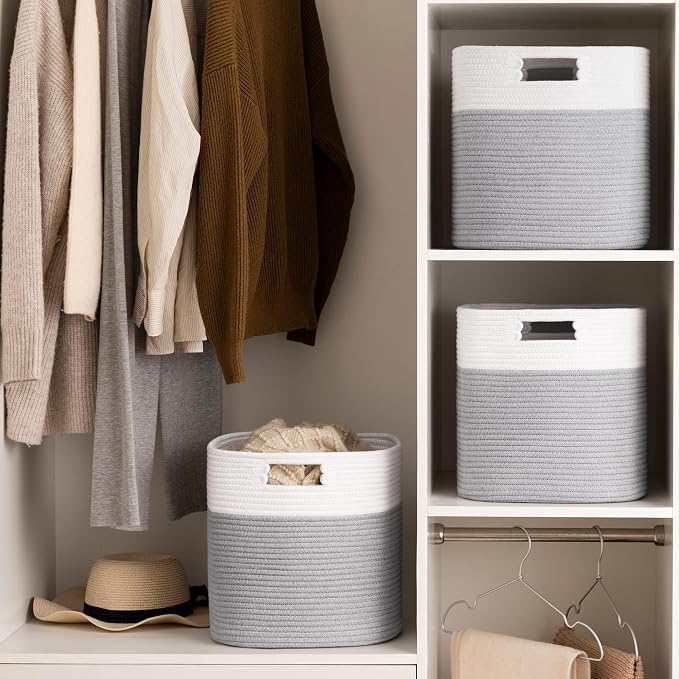 UBBCARE Set of 4 Storage Basket-13 X 13 X 13 in, Cotton Rope Basket for Shelves, Toys, Book, Cube Storage Bins with Handles, Woven Storage Basket for Organizing, White/Grey - Image 7