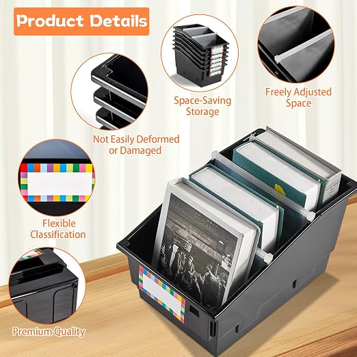 6 Pack Picture Book Bins with Dividers Plastic Book Holders with Labels Stackable Classroom Organization Bins Magazine File Binder Holder Storage Container for Classroom Library Home Office(Black) - Image 3