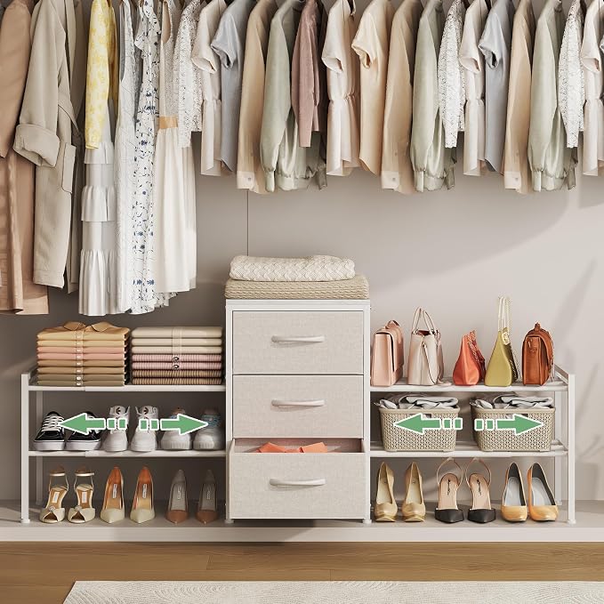 Expandable Closet Organizers and Storage,Wide Long 3 Drawer Dresser | White Fabric Storage Dresser, Clothes Shelves for Kids, Purse Organizer Small Shoe Rack for Closet Bedroom(47.24~71.47in) by Cidaziya