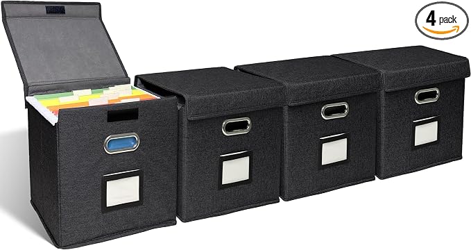 4 Pack Hanging File Folder Box with Lid, Durable Letter Size Filing Storage Box, Sturdy File Holder with Cardboard Support PVC Rails for Office Home Organizer, Black by ComfortKeeper