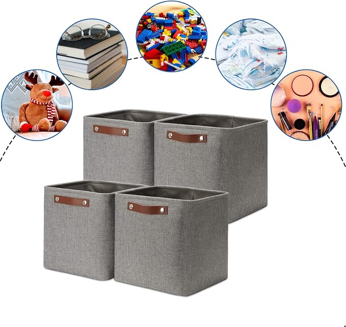 DULLEMELO 11 inch Cube Stroage Bins 4 Pack Small Grey Square Storage Baskets Cube Organizer, Linen Closet Organizers and Storage Baskets for Shelves Bedroom Storage - Image 6