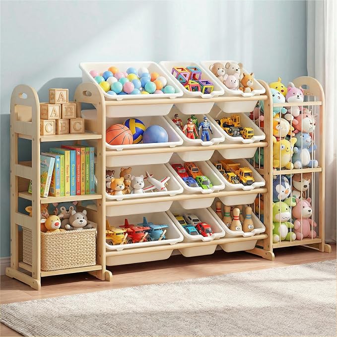 Kids Toy Storage Organizer, Toy Organizers and Storage with Stuffed Animal Storage, Toy Storage Shelf with 3 Shelves, 12 Storage Bins, Kids Bookshelf, Toy Holder for Playrooms, Bedrooms, White by Orekemo