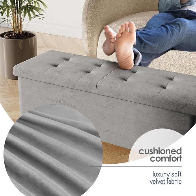 Storage Ottoman Bench with Bins, 43-in Storage Bench for Bedroom End of Bed, Folding Foot Rest Ottoman for Living Room Max 660lbs, Velvet Ottomans, Light Grey - Image 7