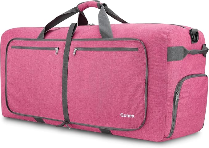 Gonex 100L Foldable Travel Duffle Bag with Shoe Compartment, Lightweight | 210D Nylon, Water-Repellent, Folds Compact, Multiple Pockets, Luggage Sleeve,Family Travel & Camping, Pink by Gonex