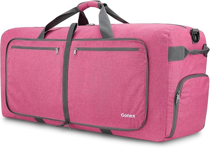 Gonex 60L Foldable Travel Duffle Bag with Shoe Compartment, Lightweight | 210D Nylon, Water-Repellent, Folds Compact, Multiple Pockets, Luggage Sleeve, Weekend Trips & Camping, Pink by Gonex