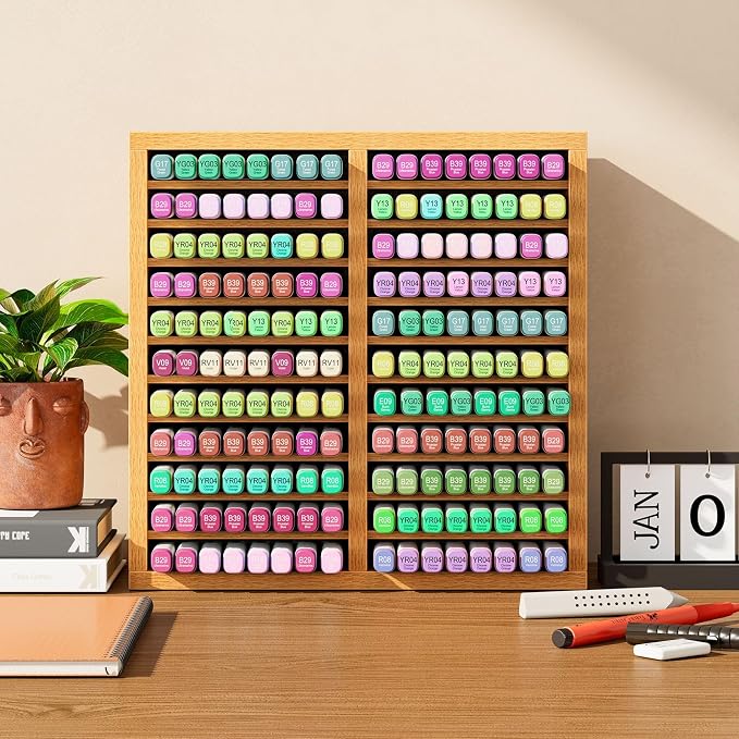 YMYNY Wooden Marker Organizer,Natural Wood Color11.81*5.31*11.81"HMR001N | Desktop Storage Hold 176 Markers,Pens,Pencils,Art Brushes Stationary Organizer Pencil Holder with 22 Compartments for Home - Image 6