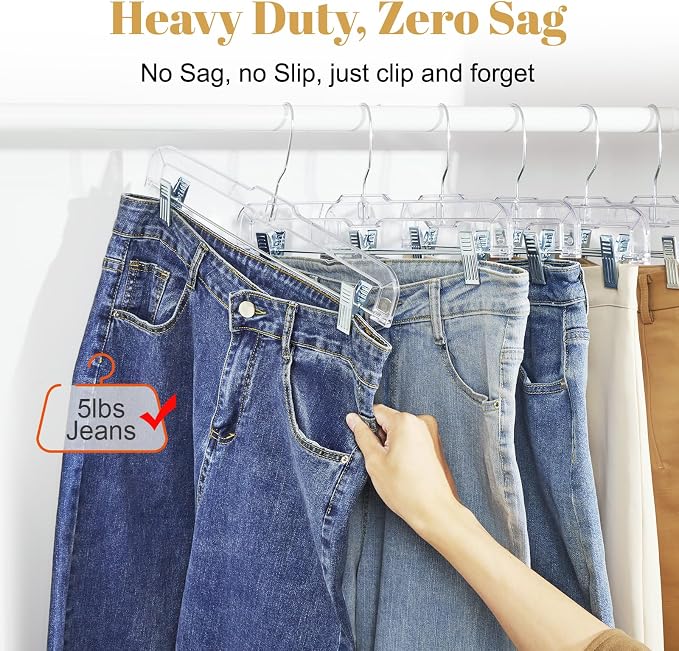 HOUSE DAY 14'' Clear Skirt Hangers with Clips 25 Pack, Plastic Pant Hangers | Adjustable Clip Hangers for Pants, Skirts, Jeans and Shorts, with No Slip Pads and 360° Swivel Hook, for Closet Organization - Image 3