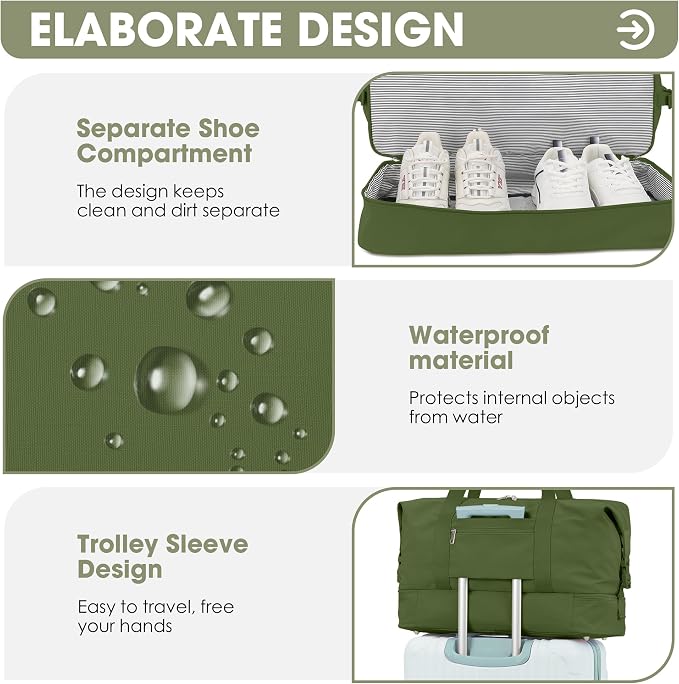 Oeihuivt Weekender Bags for Women - 21 Inch Large Travel Duffel Bag with Shoe Compartment, Heavy-Duty Canvas Leather Carry On Overnight Tote, Green - Image 4