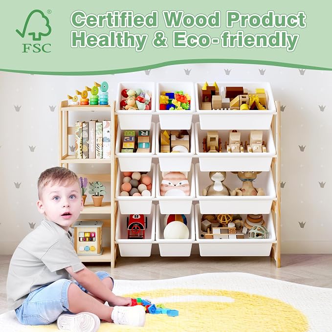 MallBest Toy Storage Organizer with Bookshelf, Kids Wooden Shelf with 12 Removable Bins for Books, Toys, Playroom, Nursery, Bedroom, Natural, Medium - Image 4