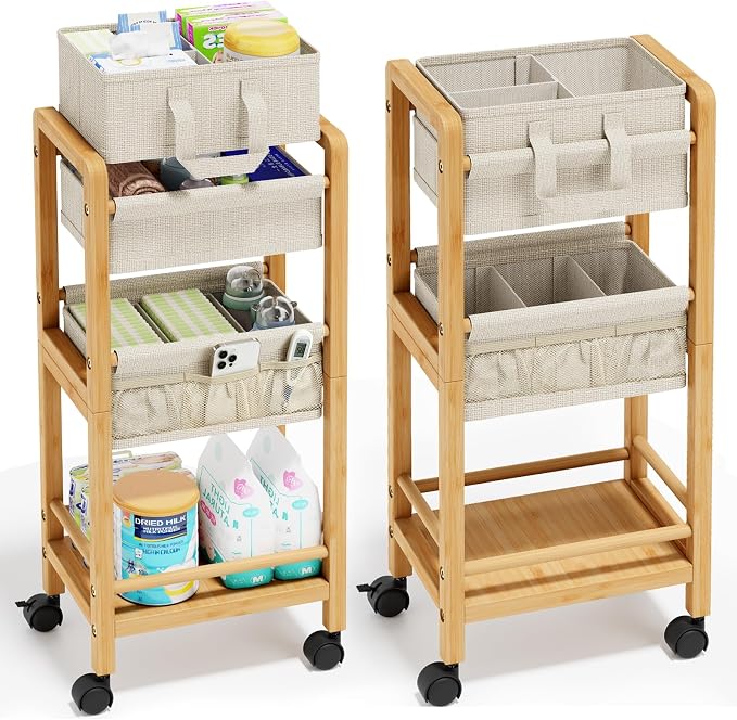 Bamboo Diaper Caddy Cart with Wheels - 3-Tier Rolling Storage，Beige | Removable bins, side pockets, sturdy handle, smooth wheels. For nursery, living room, laundry, pet. Natural bamboo, versatile by Unknown