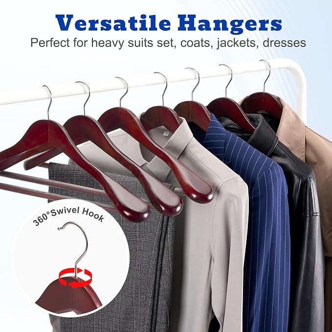 HOUSE DAY Wood Suit Hangers for Men, Wide Shoulder Wooden Hangers with Non Slip Pants Bar, Smooth Retro Finish 360° Swivel Hook Solid Wood Coat Hangers for Heavy Clothes Hanger 6 Pack (Cherry Wood) - Image 6