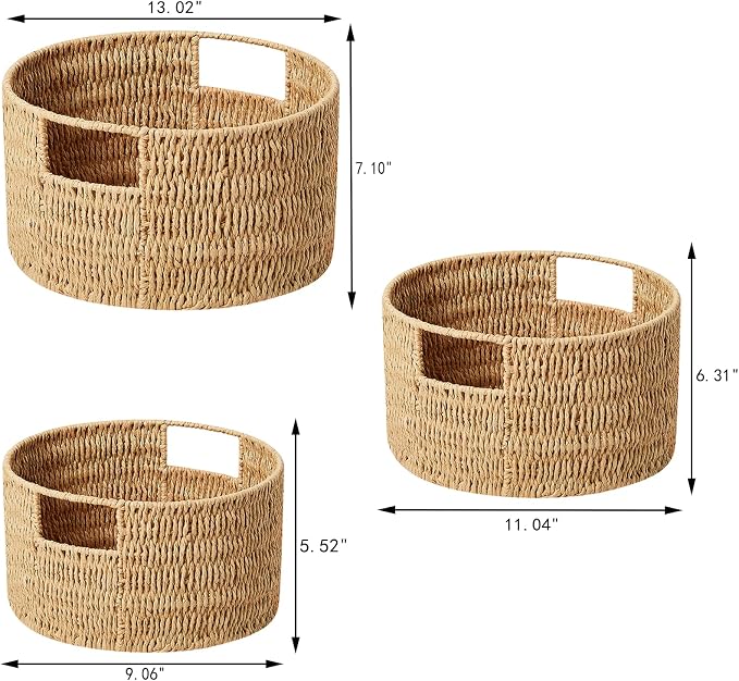 Wicker Storage Basket, Hand-Woven Paper Rope Large Round Woven Basket With Handles, Wicker Baskets for Organizing/Storage, Natural, 3-Pack - Image 2