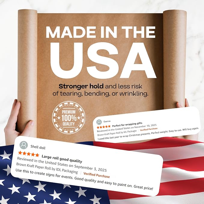 Brown Kraft Paper Roll 48" x 2160" (180 feet), Pack of 2 - USA-Made Brown Packing Paper 30lb Thickness for Moving, Shipping, Crafts/Arts - 100% Recycled Natural Wrapping Material by IDL Packaging - Image 3