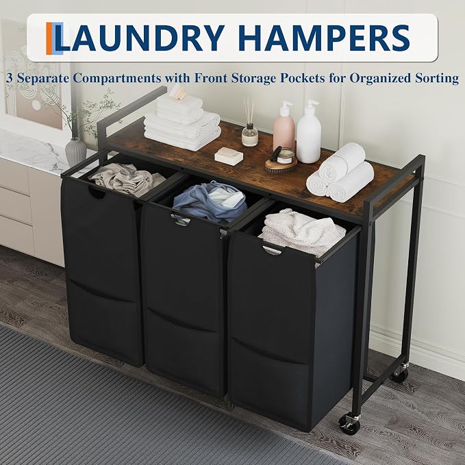 Garvee 3-Section Rolling Laundry Hamper, 120L, Rustic Brown & Black | Laundry Sorter with Shelf, Removable Bags & Wheels, Heavy Duty Clothes Basket Organizer for Laundry Room, Bathroom, Bedroom - Image 5