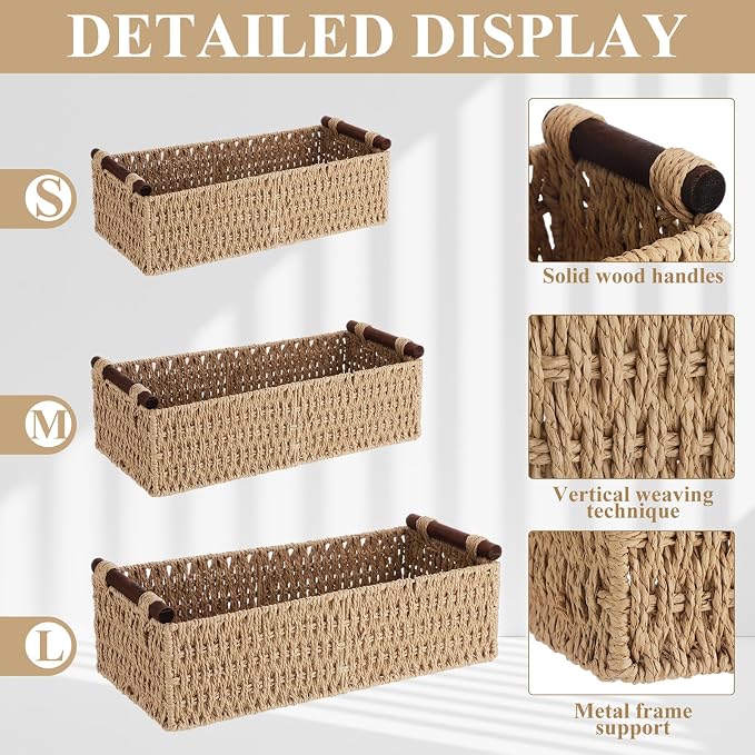 Boao 3 Pcs Boho Storage Wicker Baskets Handmade Woven Decorative Paper Rope Baskets for Organizing with Handle Countertop Toilet Paper Storage Container for Toilet Tank Top(Camel,Rectangle) - Image 3
