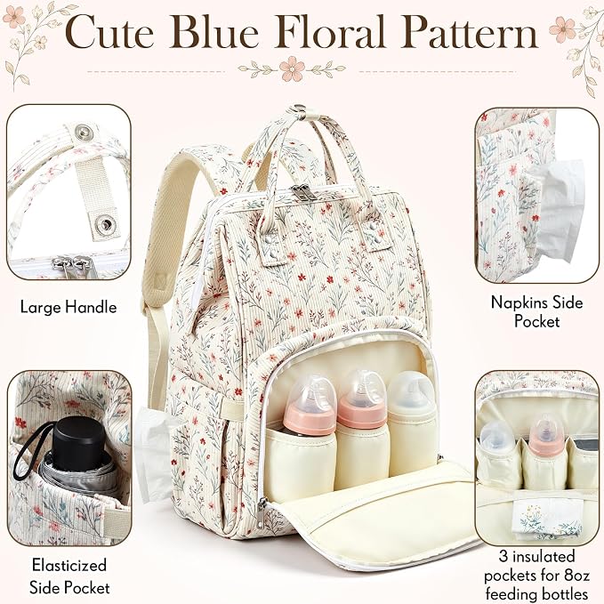 Light White Corduroy Floral Diaper Bag Backpack for Mom Large Capacity Multifunction Travel Backpack for Women, Cute Diaper Bag - Image 3