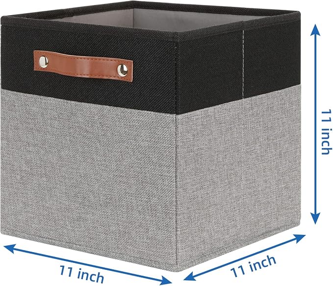 Temary 11 x 11 Cube Storage Bins Fabric Storage Cubes for Shelf, Closet, 4 Pack Cube Basket for Clothes, Storage Cube Bins with Leather Handles(Black&Grey) - Image 2