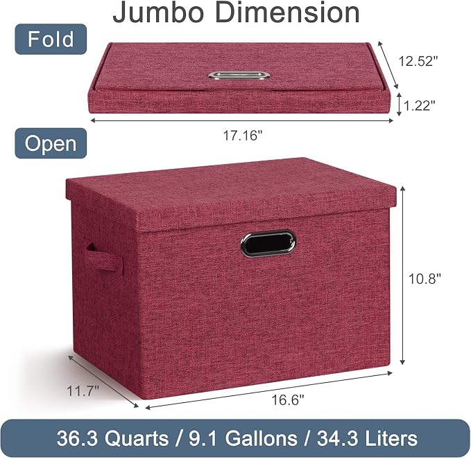 Storage Bins with Lids Fabric Closet Organizers Cubes Office Organization | 36 Quart 3 Pack Bright Red Collapsible Stackable Linen Fabric 4 Handles Bedroom Closet Cabinet Under Bed Clothes Toy Office - Image 2