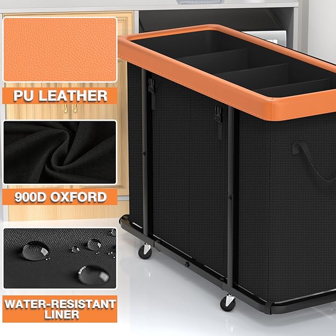 Laundry Basket with Wheels, 300L Leather Patchwork Laundry Sorter 4 Section | Sturdy Metal Frame, Removable Washable Bag, Tall Clothes Sorter for Bedroom - Black - Image 2