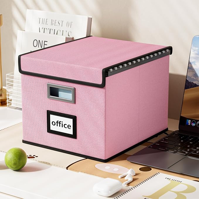 File Organizer Box with Lids, Collapsible File Folder Organizer | File Box with Plastic Slides for Office Document Storage, Filing Bin for Letter Size Hanging File Folders (2 Pack, Pink) - Image 5