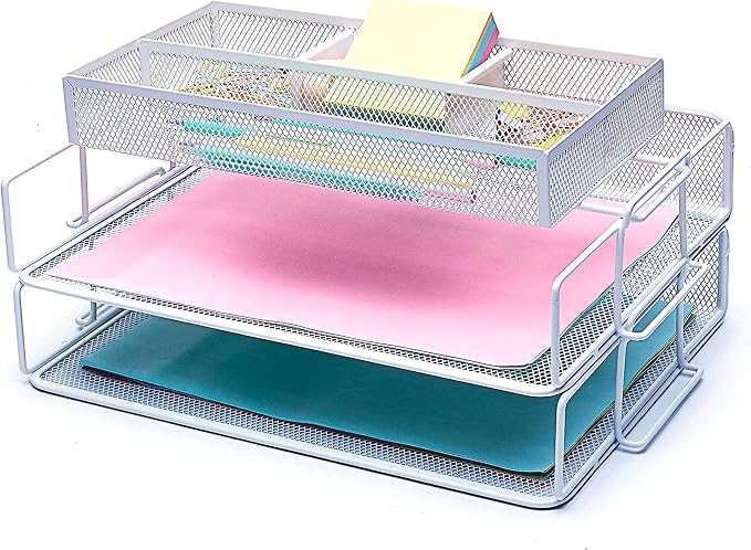 EXERZ Stackable Letter Trays 2 Pack with Memo Holder Desk Organiser White | Two Tier A4 File Storage With Divided Accessory Sections For Notes Pens Clips And Everyday Desk Essentials by Exerz
