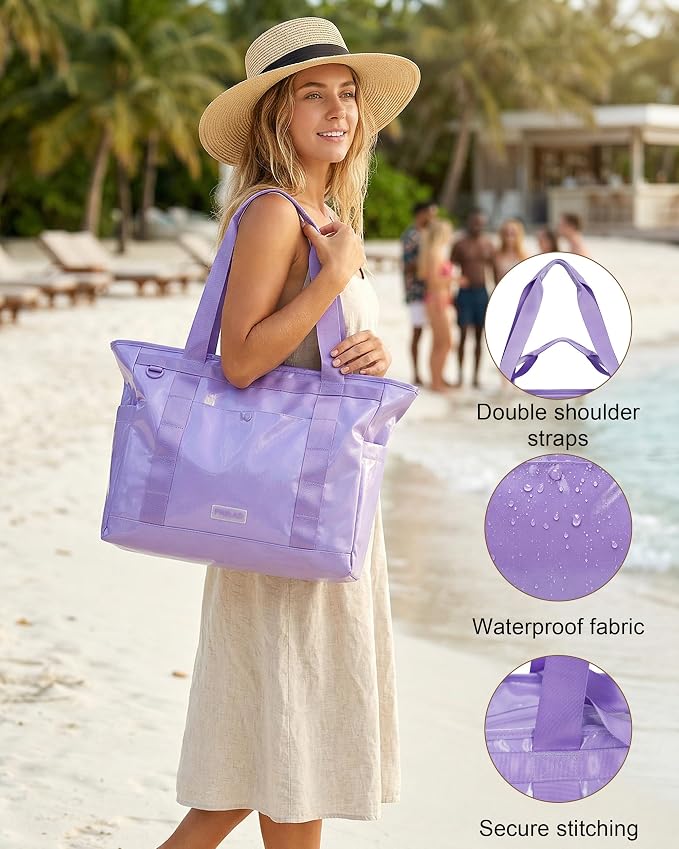 FHELAD Extra Large Glossy Tote Bag for Women, Beach Shoulder Bag 25L | Waterproof Sandproof, 15.6" Laptop Compartment, Luggage Strap, Work, Travel - Image 4