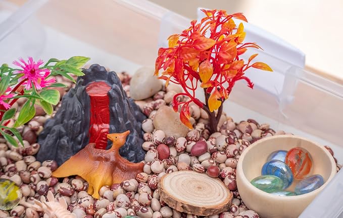 Dinosaur Sensory Bin Kit for Kids | Taste-Safe Pinto Beans, Fossil Skeletons, Trees, Volcano & Durable Wooden Tools – Includes Storage Bin - Image 5