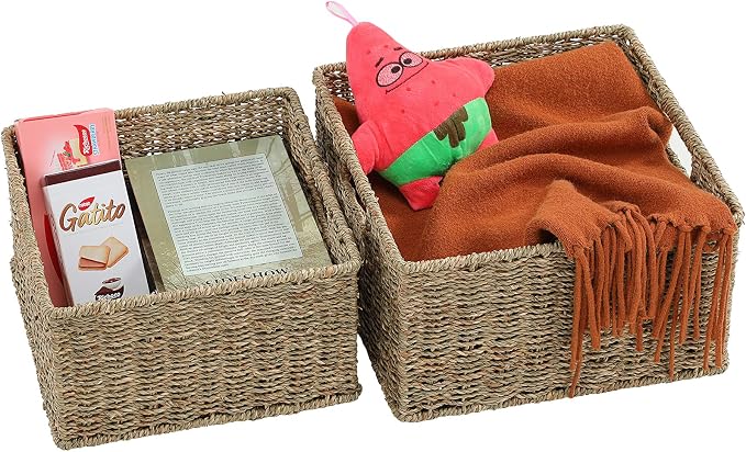 HOONEX Wicker Storage Baskets for Organizing, Decorative Woven Seagrass Baskets for Storage with Carrying Handles, Set of 2, Natural - Image 4