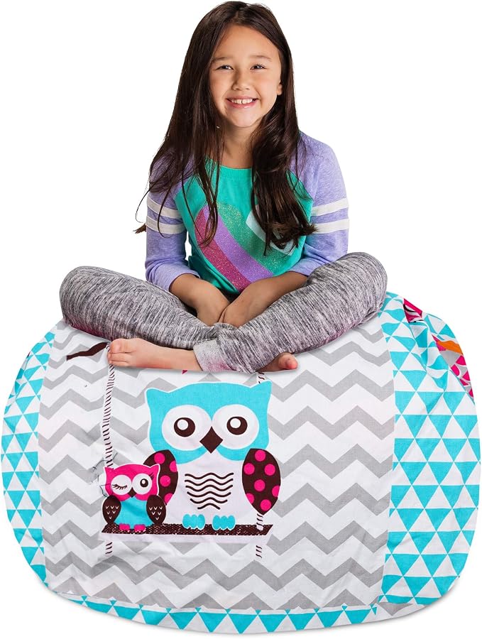 Posh Stuffable Kids Stuffed Animal Storage Bean Bag Chair Cover - Childrens Toy Organizer, Large-38 - Canvas Owls White and Blue by PoshCreations