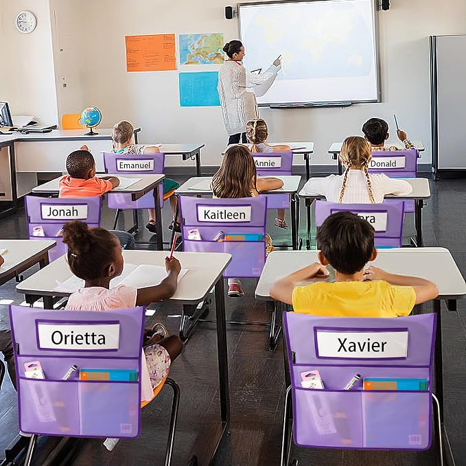 Chairback Buddy Pocket Chart Back of Chair Organizer for Classroom with Name Tag Pocket (PURPLE-12 PACK) - Image 6