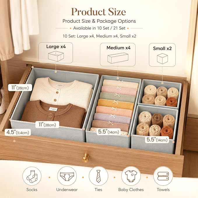 Drawer Organizer Clothes 10 Pack Washable Fabric Closet Storage Bins Flat Bottom Board Dresser Dividers for Bedroom Wardrobe Nursery Clothes Socks Underwear Bins, Grey - Image 2
