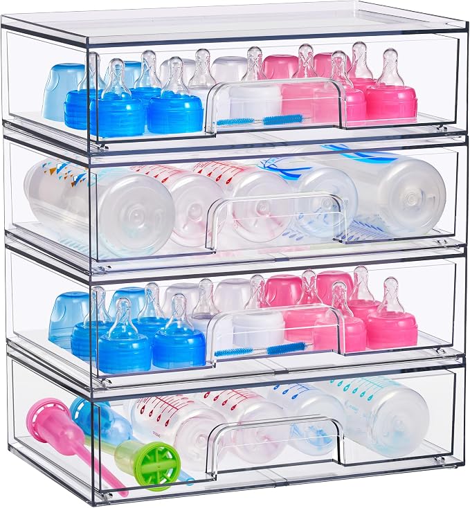 Sorbus Stackable Storage Drawers, Clear Acrylic Pull-Out Organizer (4 Pack) | Wide plastic bins hold baby bottles, cosmetics and bathroom supplies on countertops or inside cabinets and pantries. by Sorbus