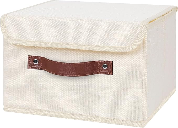 ANMINY Fabric Storage Box Bins with Lids, Beige, 10"x8"x7" | Keepsake Memory Storage, Cotton Linen, PP Board Reinforced, Washable, PU Handles, Foldable & Stackable, Decorative, Small by ANMINY