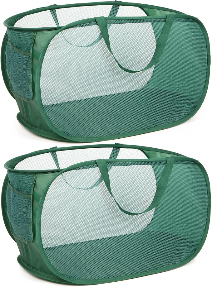 Sturdy Mesh Pop Up Laundry Hamper, Collapsible Laundry Baskets with Side Pocket, Foldable Clothes Hamper with Reinforced Carry Handles for Laundry, Bathroom, Kids Room, Dorm or Travel 2 Pack Emerald by Bemkoo